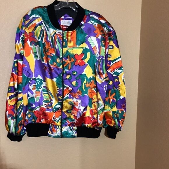 Stefano World Wide 80s Abstract Satin Bomber Jacket, zip front two pocket Size L - Picture 1 of 9